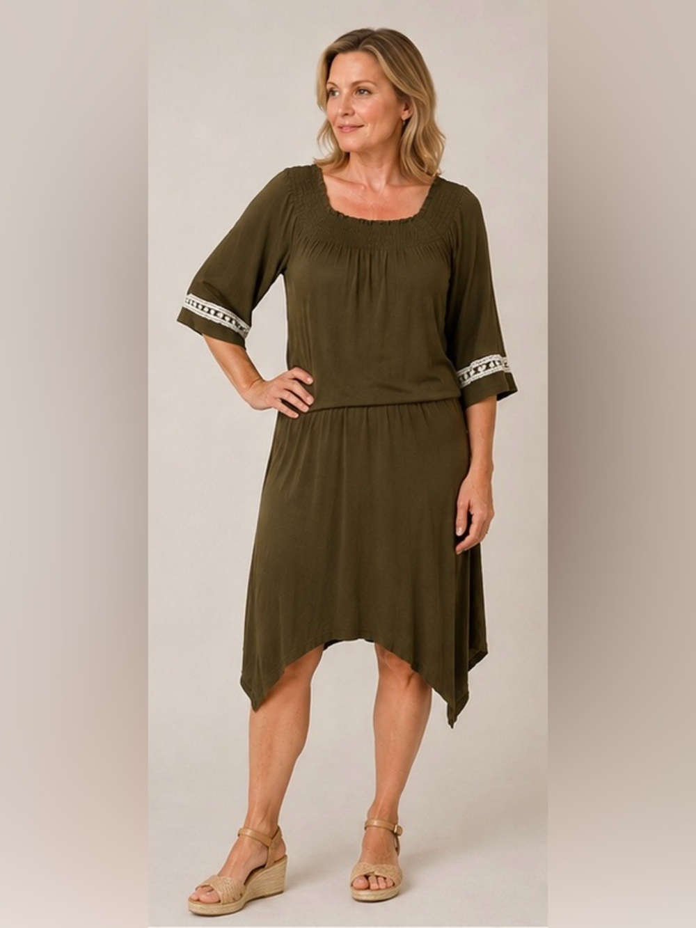 POL Olive Green Asymmetrical Handkerchief Hem Dress with White Trim